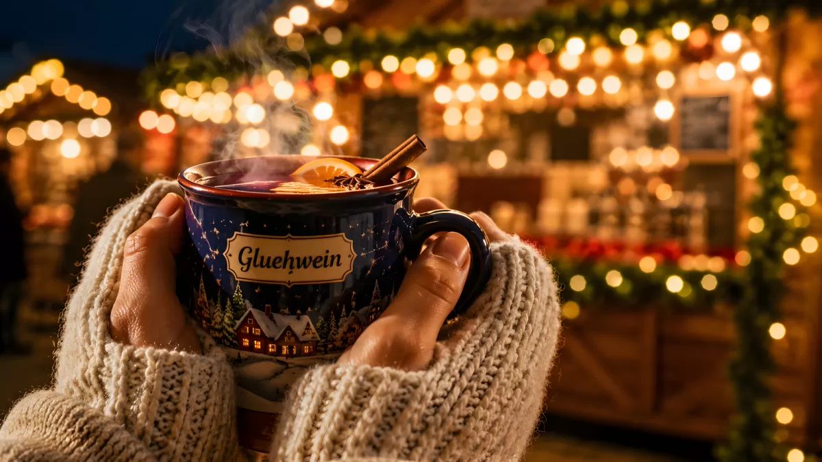 Glühwein in festlicher Tasse auf Weihnachtsmarkt