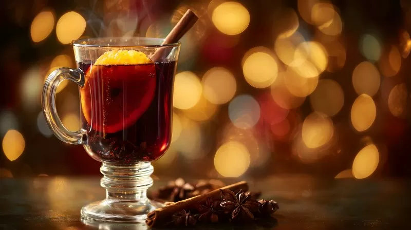 Glühwein mit Orange und Zimtstange vor Lichterhintergrund