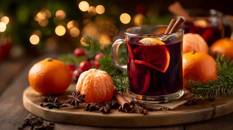 Glühwein mit Zimt, Mandarinen und Anis auf Holzbrett