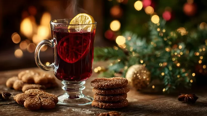 Glühwein mit Zitrone und Weihnachtsgebäck vor Lichterbaum