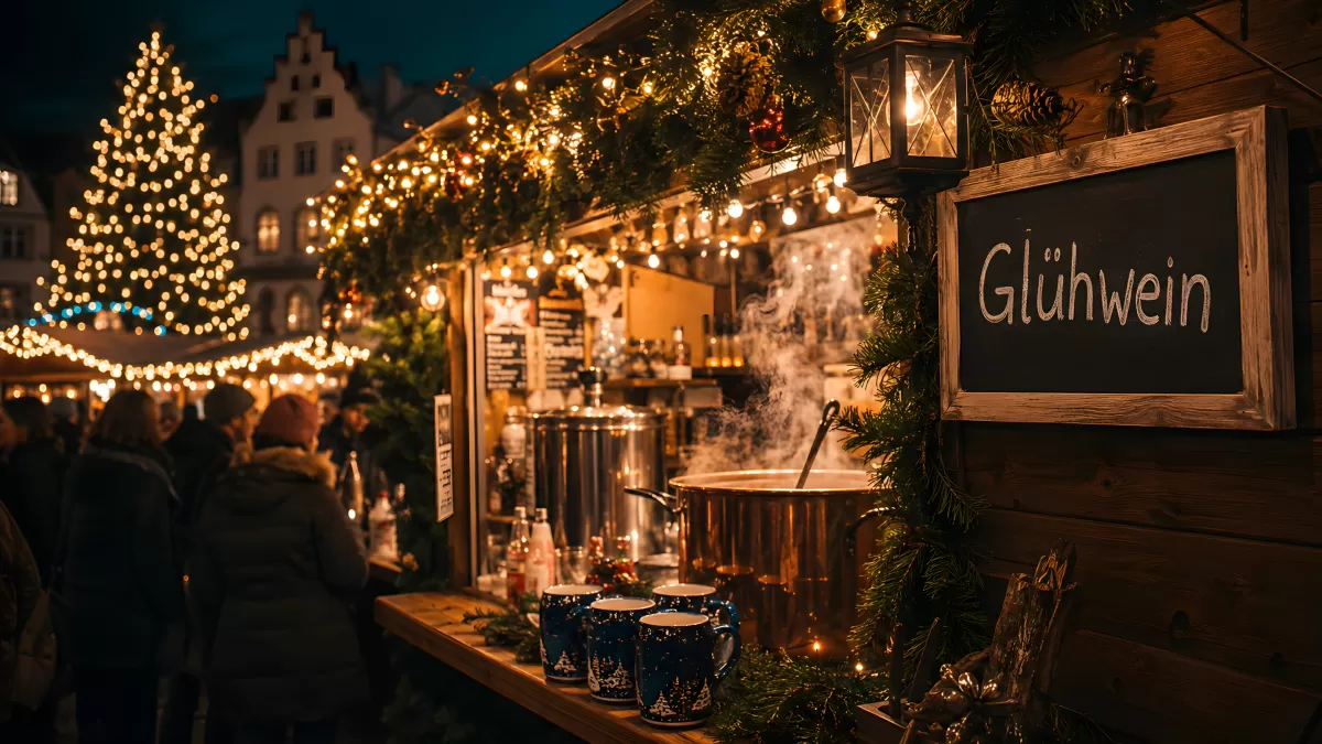 Glühweinstand auf einem Weihnachtsmarkt bei Nacht