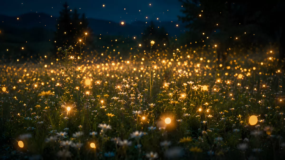 Glühwürmchen über blühender Wiese in der Sommernacht