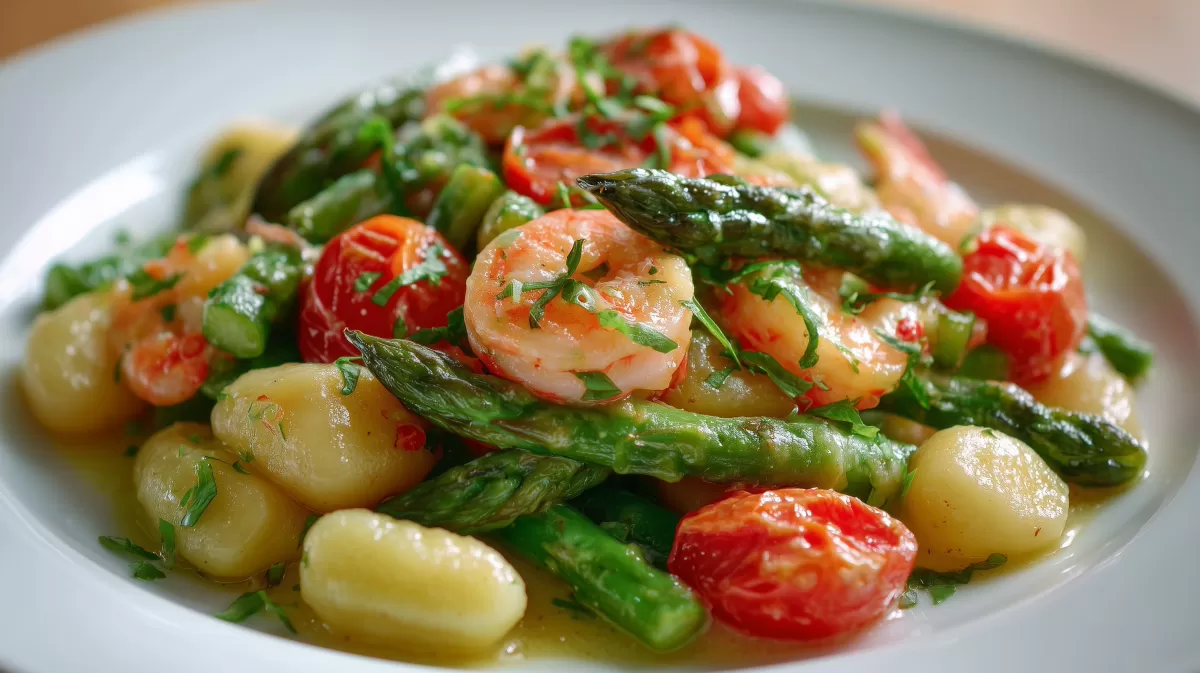Gnocchi mit grünem Spargel, Shrimps und Tomaten