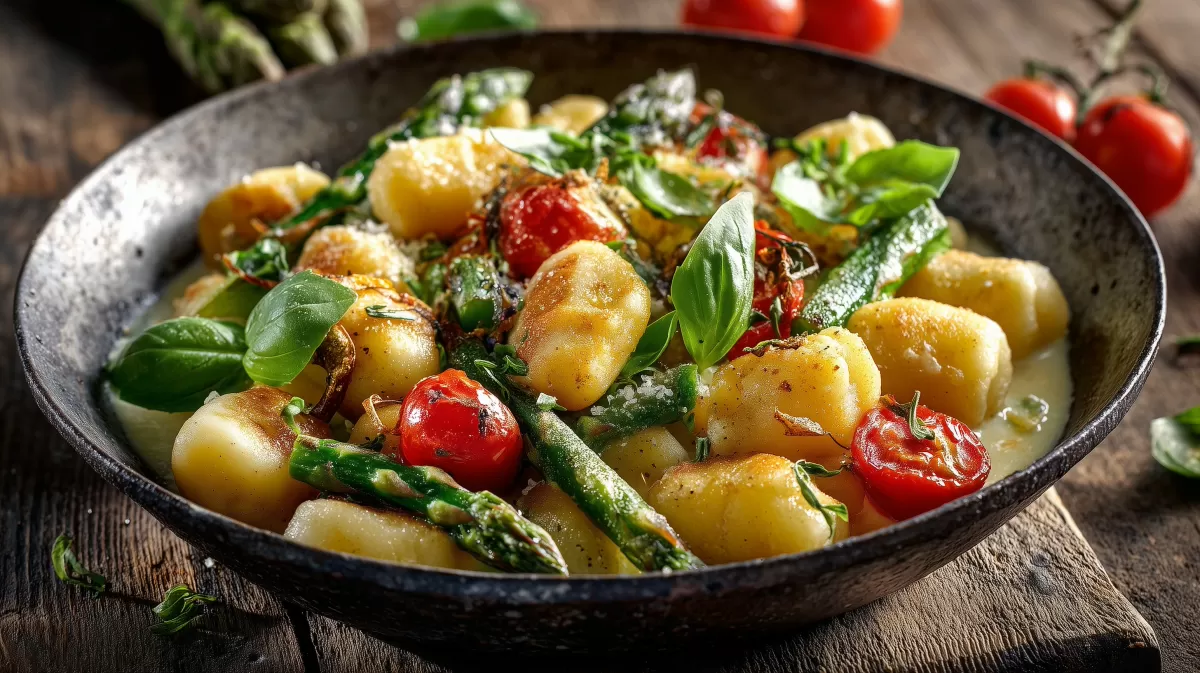 Gnocchi mit grünem Spargel, Tomaten und Basilikum
