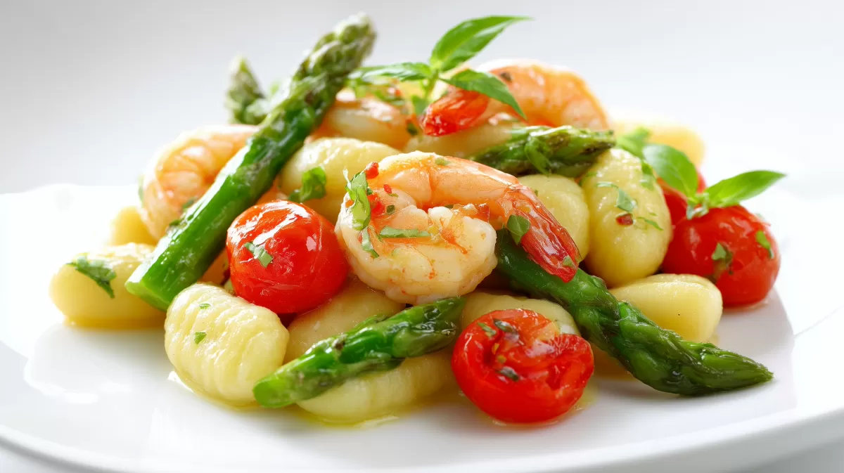 Gnocchi mit Shrimps, grünem Spargel und Kirschtomaten