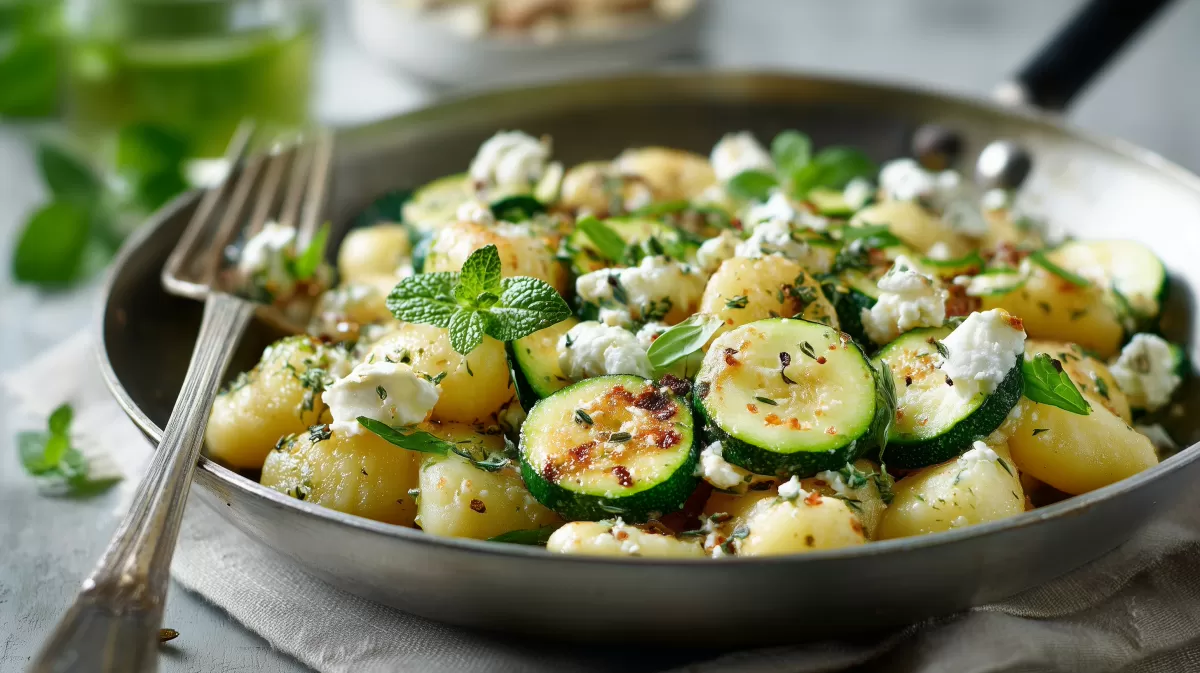 Gnocchi Zucchini Pfanne mit Schafskäse und Kräutern