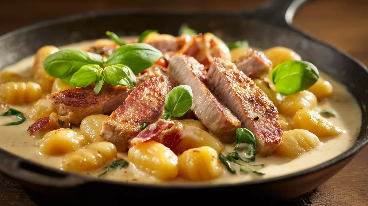 Gnocchipfanne mit Putenstreifen in Weisswein Schmelzkaes