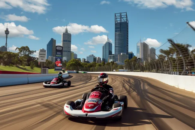 Go-Kart-Rennen vor Skyline von Perth, Australien