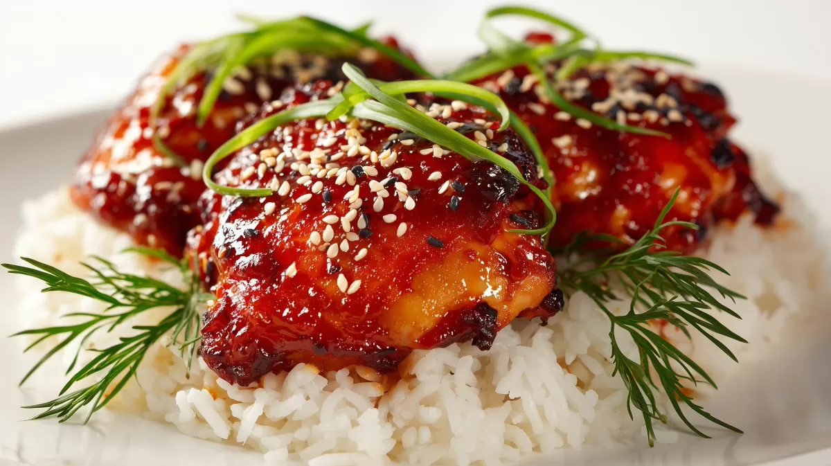 Gochujang Glasiertes Hühnchen mit Sesam Reis