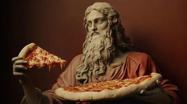 Göttliche Ästhetik mit Pizza - Klassische Statue mit Leckereien