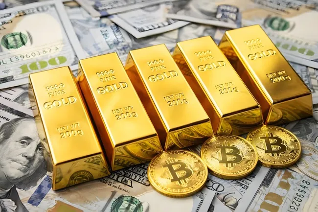 Goldbarren, Bitcoins und US-Dollar - Finanzkonzept