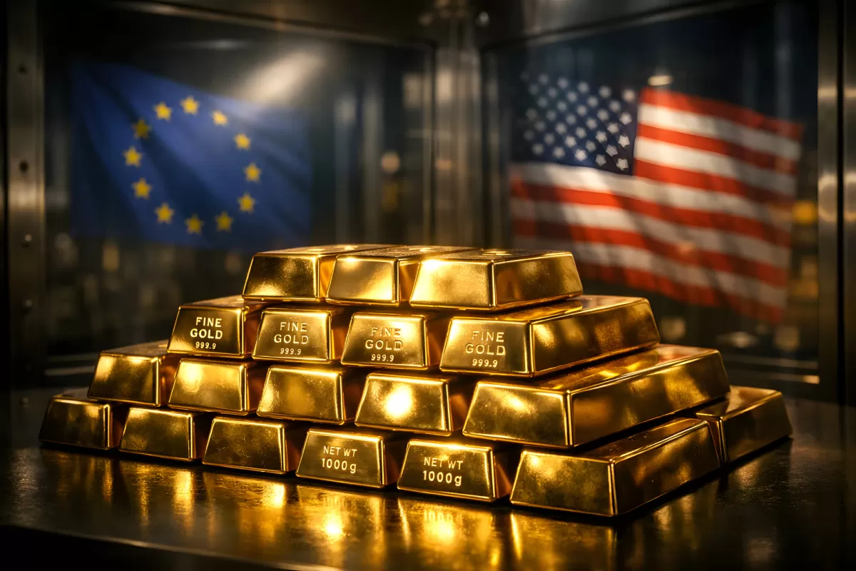 Goldbarren in modernem Bankeninterieur