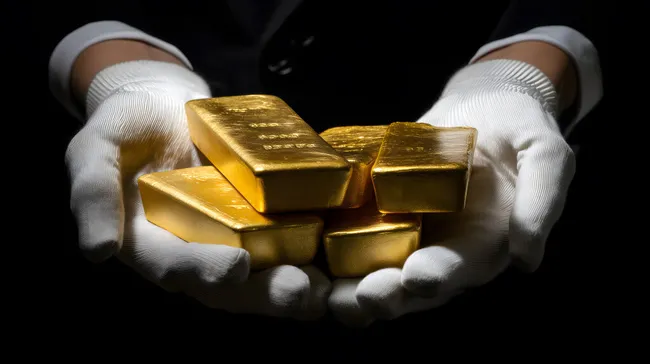 Goldbarren in weißen Handschuhen gehalten