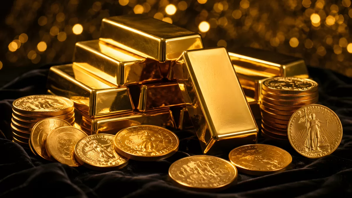 Goldbarren und Goldmünzen auf schwarzem Samt