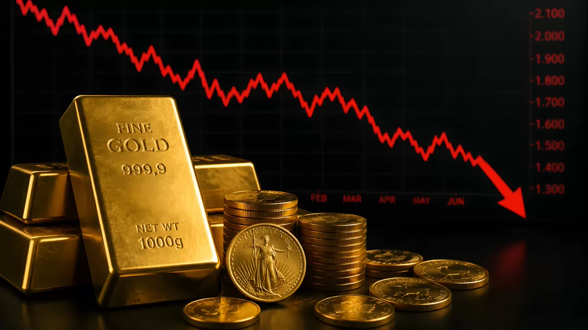 Goldbarren und Münzen mit fallendem Kurschart