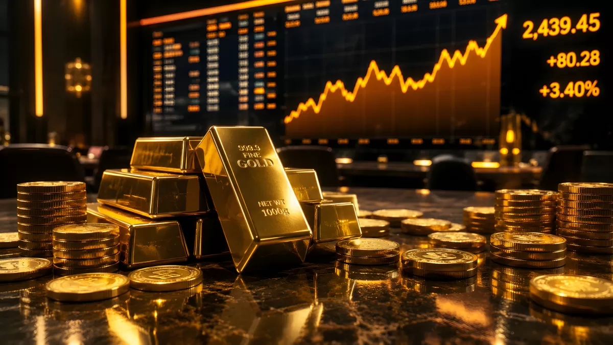 Goldbarren und Münzen mit steigendem Börsenchart