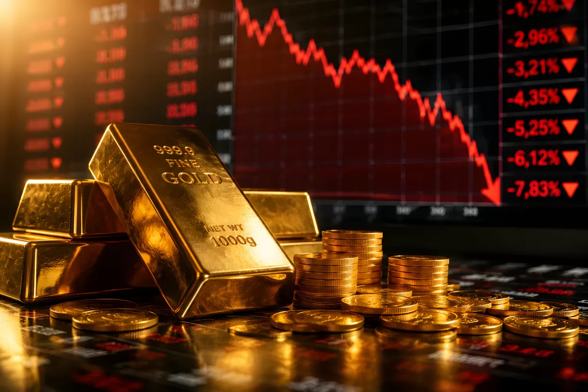 Goldbarren und Münzen vor fallendem Börsen-Chart