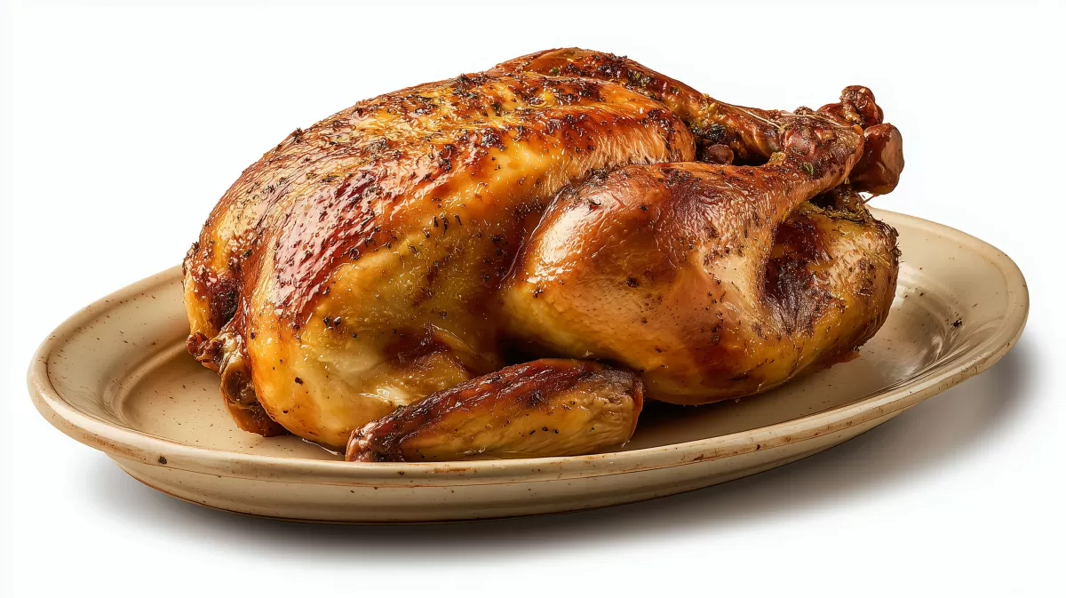 Goldbraun gebratenes Huhn auf beigem Servierteller