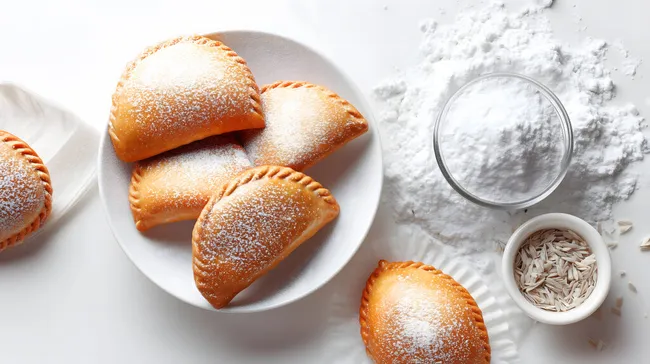 Goldbraune Empanadas mit Puderzucker auf weißem Hintergrund