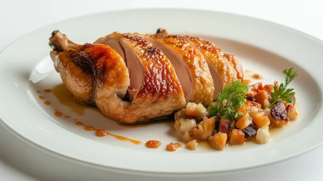 Goldbraune Ente mit knuspriger Haut auf Teller