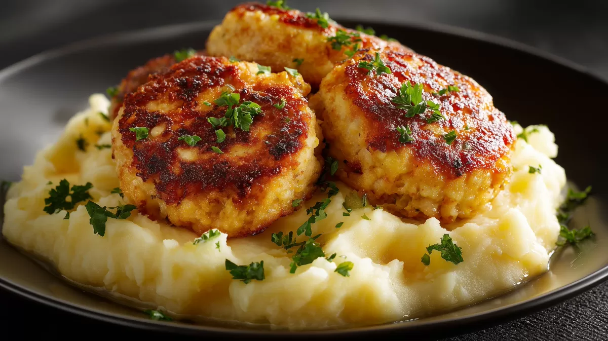 Goldbraune Frikadellen auf samtigem Kartoffelpüree