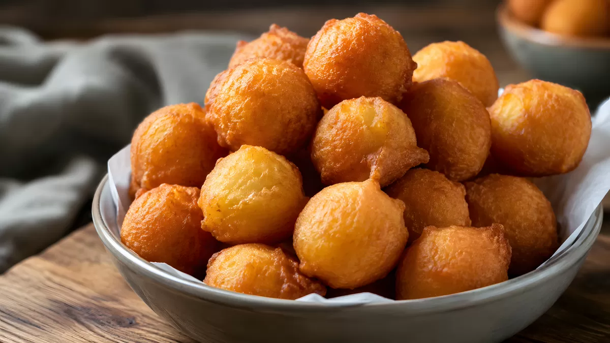 Goldbraune frittierte Teigbällchen in einer Schüssel