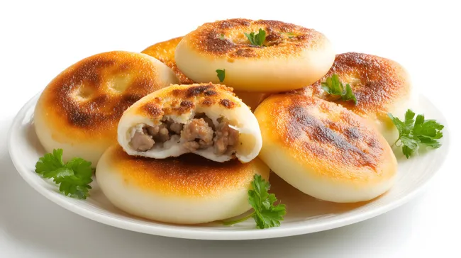 Goldbraune gefüllte Teigtaschen auf Teller