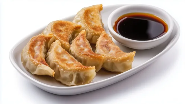 Goldbraune Gyoza-Teigtaschen mit Sojasauce