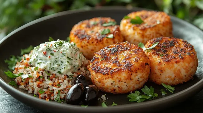 Goldbraune Kartoffelpuffer mit Salat und Oliven