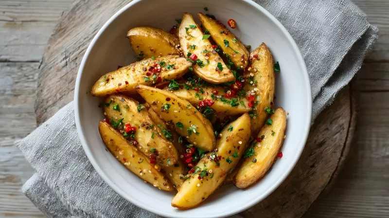 Goldbraune Kartoffelspalten mit Kräutern und Chili auf Holz