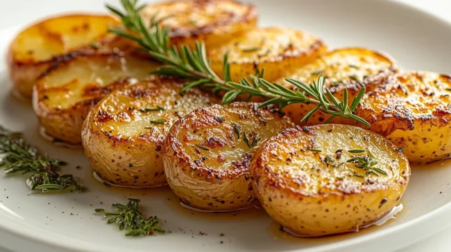 Goldbraune Rosmarinkartoffeln auf weißem Teller