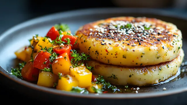 Goldbrauner Pfannkuchen mit Sesam und buntem Gemüsesalat
