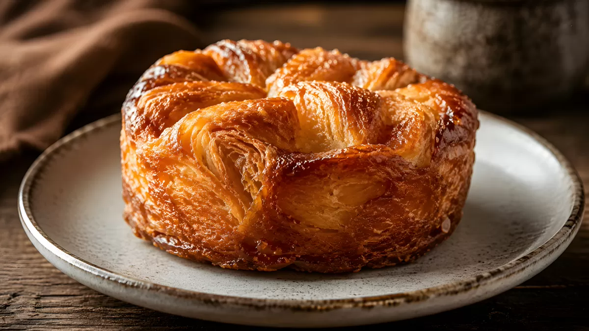 Goldbraunes Croissant-Gebäck auf rustikalem Teller