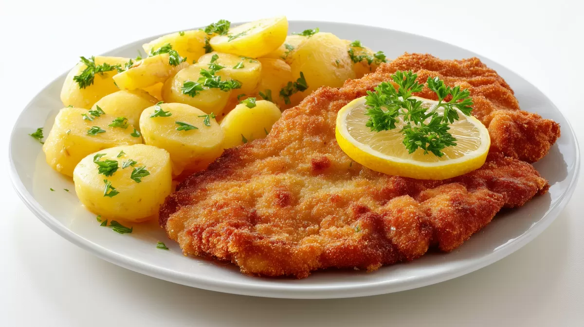 Goldbraunes Putenschnitzel Wiener Art mit Kartoffeln