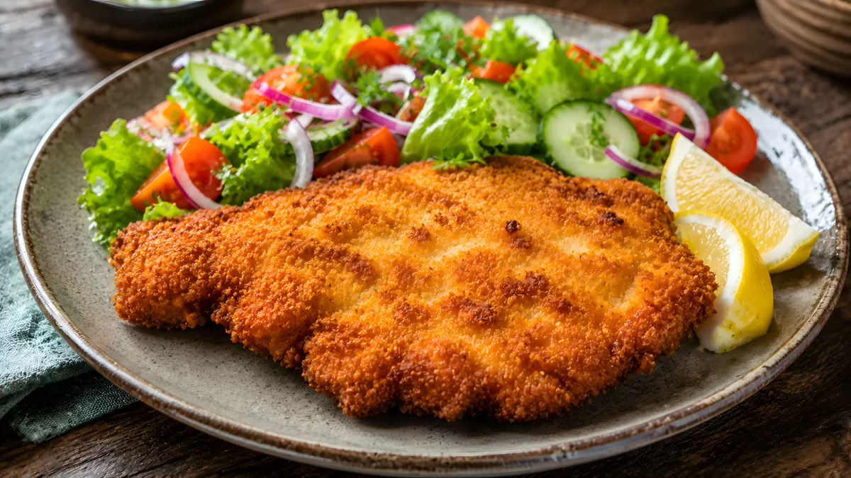 Goldbraunes Wiener Schnitzel mit frischem Salat
