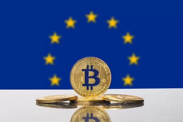 Golden Bitcoin and flag of European Union