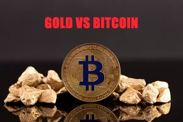 Golden Bitcoin and gold nuggets with Gold vs Bitcoin text