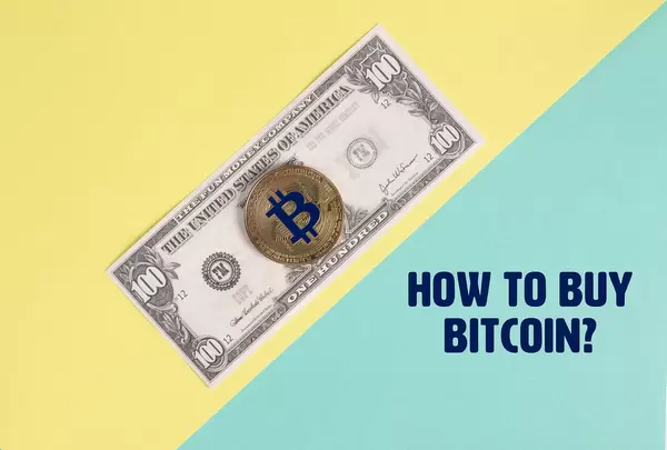 Golden Bitcoin coin on the  one hundred dollar banknote and How to buy Bitcoin text