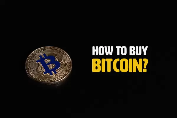 Golden Bitcoin coin with How to buy Bitcoin text on black background