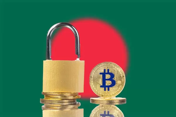 Golden Bitcoin, padlock and flag of Bangladesh