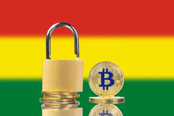 Golden Bitcoin, padlock and flag of Bolivia
