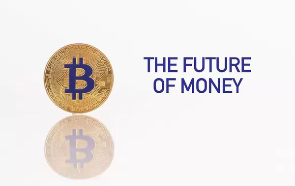 Golden Bitcoin with The  future of money text
