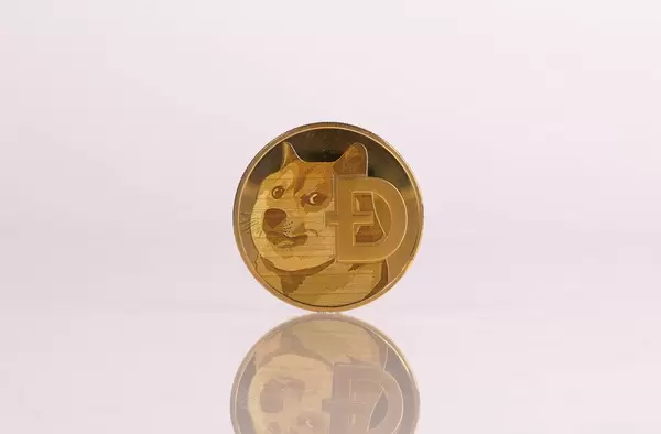Golden Dogecoin on white background