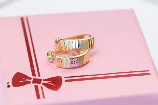 Golden earrings on the pink present box  with bow
