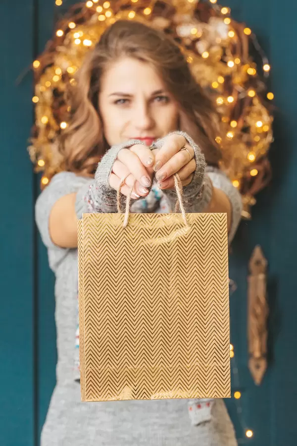 Golden gift bag in female hands, christmas gift concept