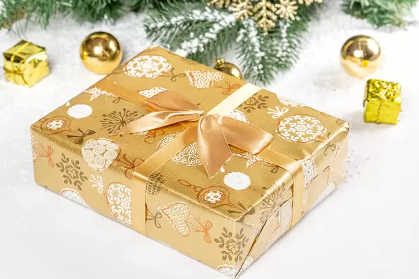 Golden gift with christmas tree branches and snow