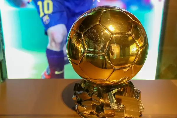 Golden "Winner of the Ballon d'Or in 2015" Trophy for FC Barcelona soccer player Lionel Messi at Camp Nou Museum in Spains capital