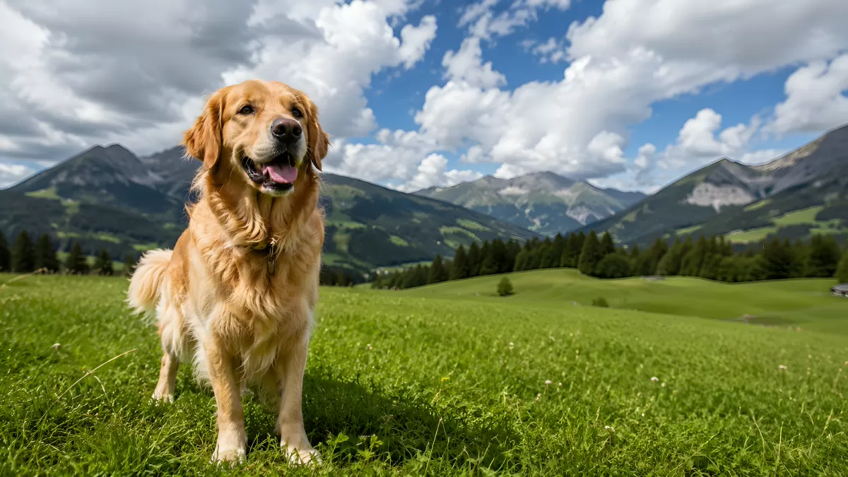 Golden Retriever auf Almwiese vor Bergpanorama