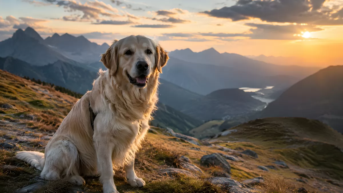 Golden Retriever auf Berggipfel beim Sonnenuntergang