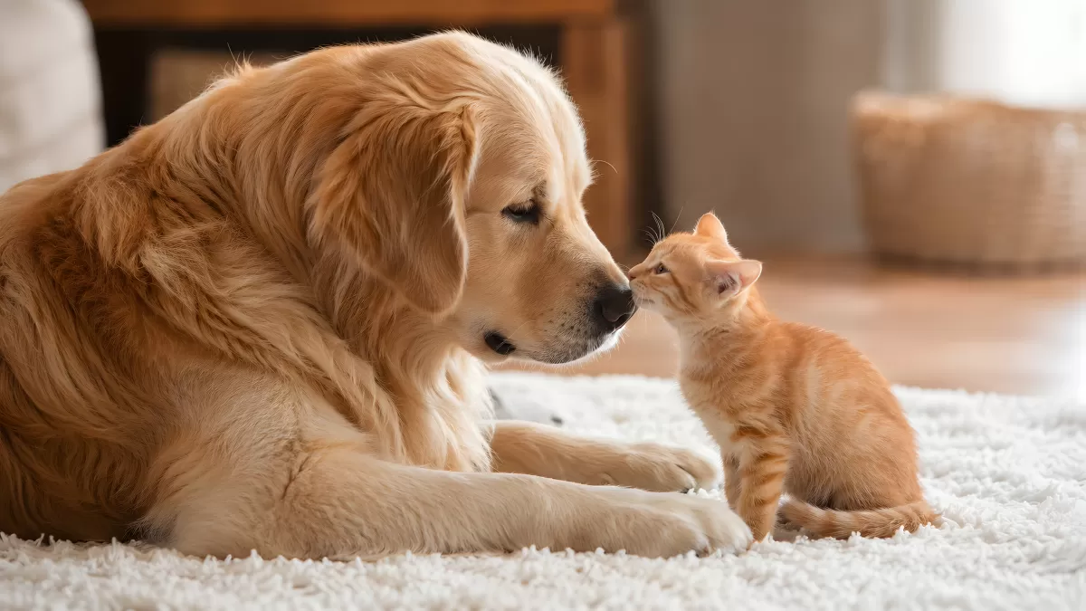 Golden Retriever beschnuppert neugieriges Kätzchen